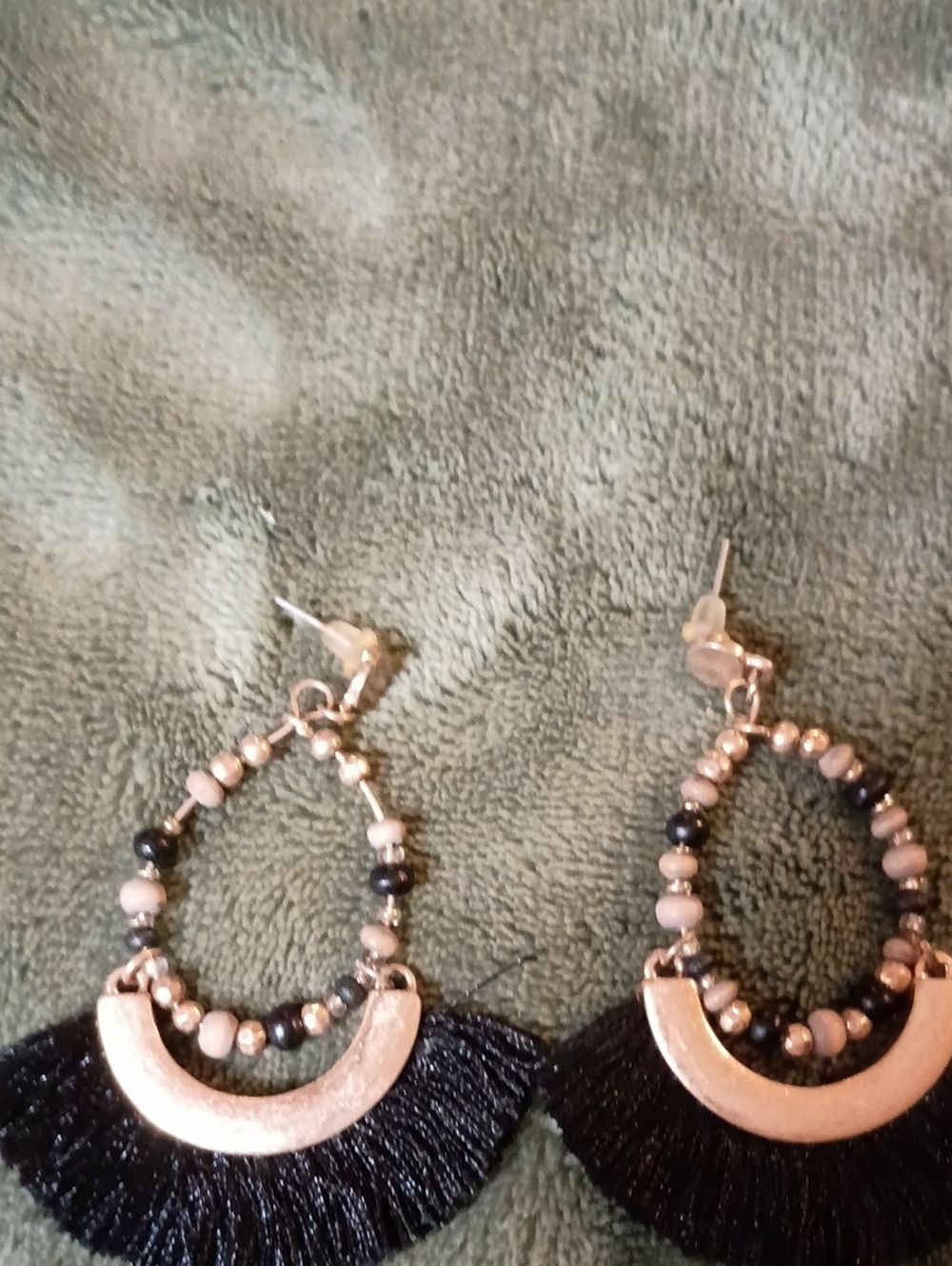 Gold Crescent Beaded Hoop Earrings with Black Tassel